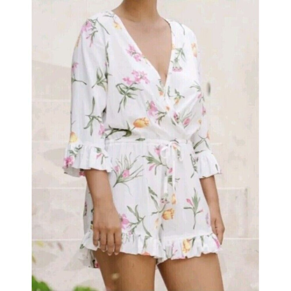 Piyama White Floral Wrap Front Tie Waist Romper Small S Sleepwear
